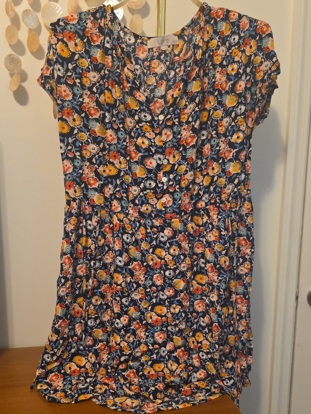 LOFT Navy Floral Button-Front Sundress